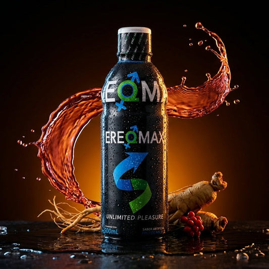Botella negra de Ereqmax 500 ml con gotas de condensación, junto a raíz de ginseng y bayas rojas sobre piedra mojada